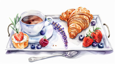 Watercolor hand drawn illustration of a breakfast tray, complete with a croissant, coffee, berries, and a sprig of lavender, in white background.の素材