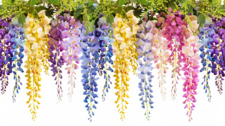 A breathtaking and stunning array of wisteria flowers in many vibrant colors, creating a picturesque floral backdropの素材