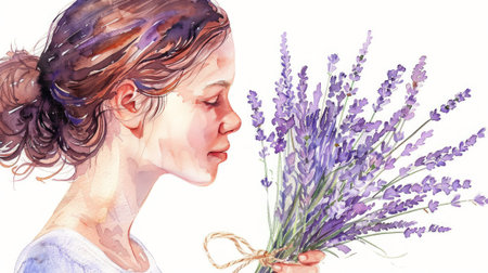 Watercolor image of a serene woman holding a bouquet of lavender flowers, portraying calm and peace.の素材