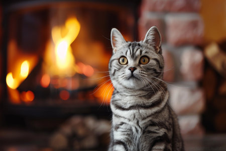 A beautiful cat comfortably resting beside a glowing fireplace, creating a wonderfully cozy and inviting atmosphereの素材