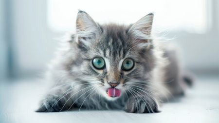 A charming and fluffy gray kitten with expressive blue eyes, lying down peacefully in a serene environmentの素材