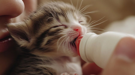A very cute little kitten is happily suckling from a baby bottle, showcasing the beautiful bond between pets and humansの素材