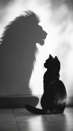 A striking black and white image depicting a cat with shadow of a lion, symbolizing courage and introspection.の素材