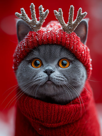 An adorable and cute gray cat is wearing whimsical reindeer antlers and is surrounded by vibrant festive decorationsの素材