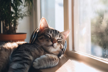 A chill and relaxed orange cat is enjoying some good music while wearing headphones against a stylish backgroundの素材