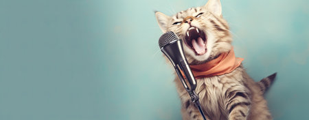 Happy cat singing into a microphone, web banner format with copy spaceの素材