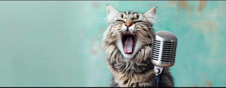 Happy cat singing into a microphone, web banner format with copy spaceの素材