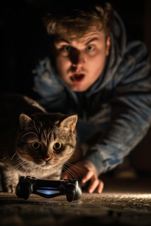 funny scottish fold cat with snout close to the lens with game controllerの素材