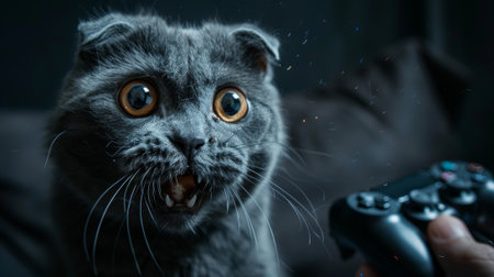 funny scottish fold cat with snout close to the lens with game controllerの素材