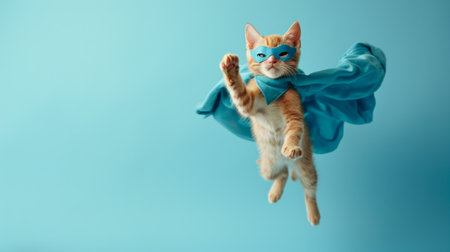 superhero cute red kitten on plain studio backgroundの素材