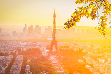 view of Eiffel Tower and Paris cityscape from above in orange sunset sunlight, Franceの写真素材