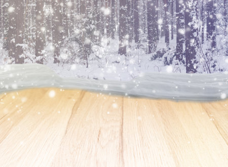 wooden planks in winter forest with evergreen tree and snowの写真素材