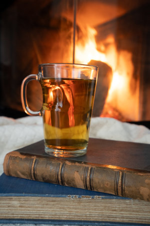 Imagine a cozy scene with beloved books, soothing tea, and a crackling fireplace for ultimate relaxationの写真素材