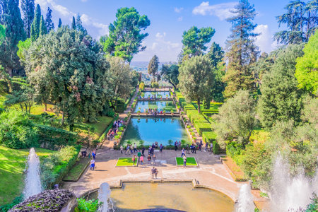view of water cascade of Gardens dEste, Tivoli, Italyの写真素材