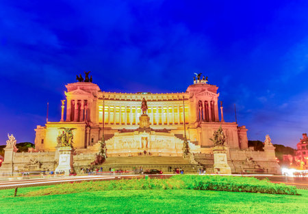 view of Monument of Victor Emmanuel II on Venice Square at night , Rome, Italyの写真素材