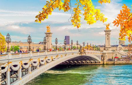 Paris landmark - famous Alexandre III Bridge at blue dusk, Paris, France, retro tonedの写真素材
