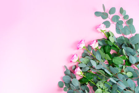 wedding or mothers day background, bouquet of roses and herberas with fresh eucaliptus leaves over plain pink backgroundの写真素材
