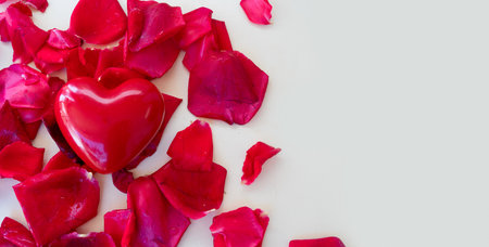 Key with heart as a symbol of love with rose petals, copy spaceの写真素材