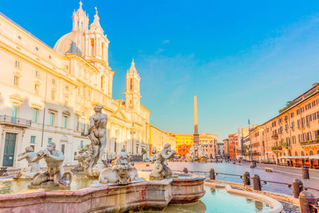 view of famous Piazza Navona in Rome at morning, Italyの写真素材