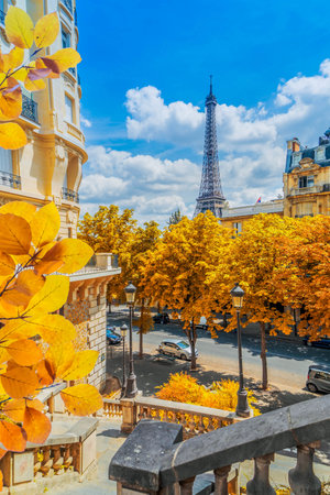 famous Eiffel Tower landmark and Paris fall street, Paris Franceの写真素材