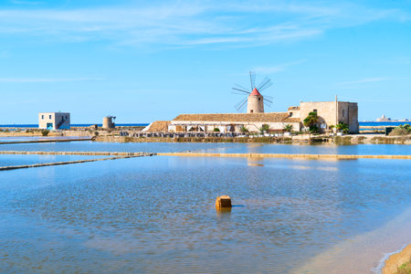 Salt Pans of Trapani with windmills, Sicily Italyの写真素材