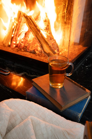 Imagine a cozy scene with beloved books, soothing tea, and a crackling fireplace for ultimate relaxationの写真素材