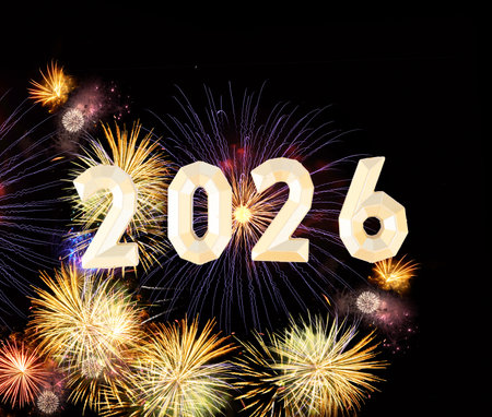 Fireworks colorful explosions on black, festive holiday background with 2026 year