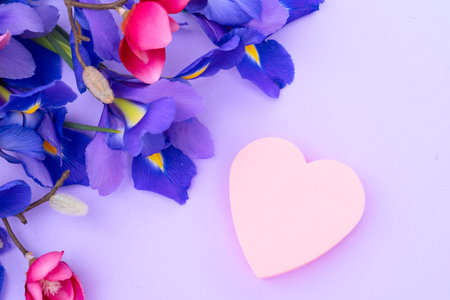 Fresh iris flowers with orchids with heart gifbox, spring background with copy space