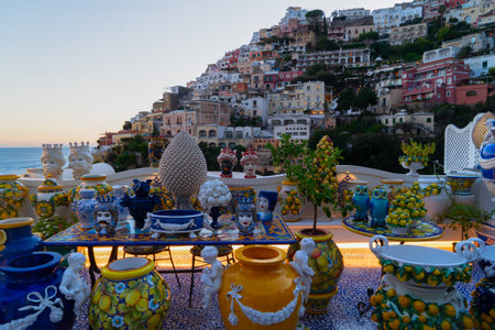 bay of Positano at night - famous old italian resort, Italyの写真素材
