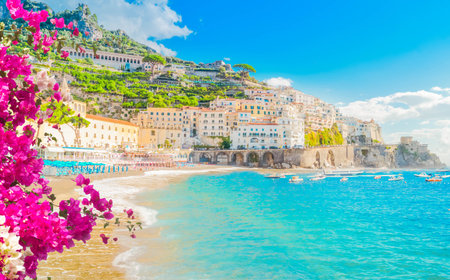 Amalfi old town and summer beach with umbrellas , Italyの写真素材