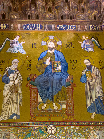 Cappella Palatina, church famous for Byzantine mosaics of Christ Pantokrator,, dates before 1143 year, Palermo Sicily Italyの写真素材