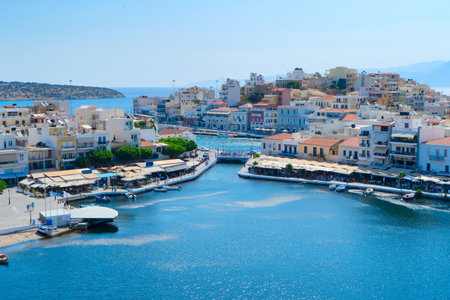 lake in harbour of Agios Nikolaos, Crete, Greece retro tonedの写真素材