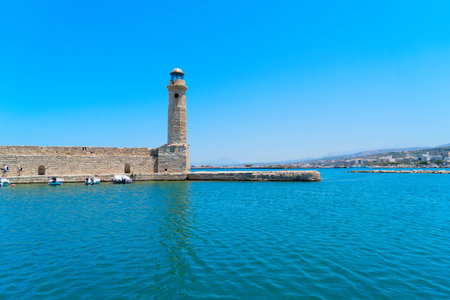 harbor and lighthouse of Rethymno old town, Crete, Greece, retro tonedの写真素材