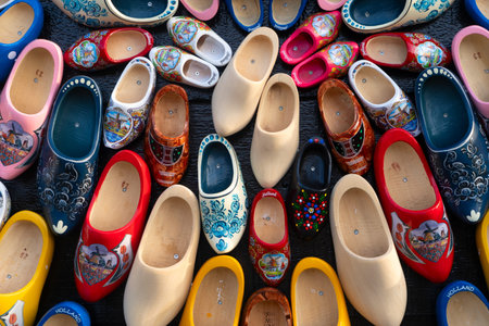 traditional dutch wooden shoes clogs on the wallの写真素材