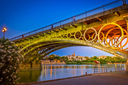 Triana Bridge and the city on river bank at night,Spainの写真素材