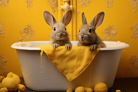 Two cute little bunnies in a bathtub, with a cozy yellow backdrop. , --ar 3:2 --v 5.2 Job ID: b0666442-f722-4a1c-a982-b9bdb3aab581の写真素材