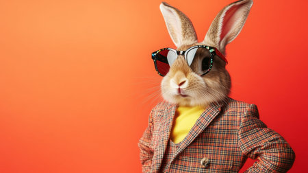 Colorful dressed rabbit wearing sunglasses posing against split pink and teal backdrop, tropical print jacket, fuzzy ears, slick styling, studio lighting,の写真素材