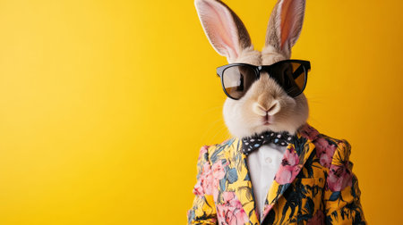 Colorful dressed rabbit wearing sunglasses posing against split pink and teal backdrop, tropical print jacket, fuzzy ears, slick styling, studio lighting,の写真素材