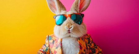 Colorful dressed rabbit wearing sunglasses posing against split pink and teal backdrop, tropical print jacket, fuzzy ears, slick styling, studio lighting,の写真素材
