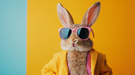Colorful dressed rabbit wearing sunglasses posing against split pink and teal backdrop, tropical print jacket, fuzzy ears, slick styling, studio lighting,の写真素材
