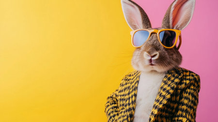 Colorful dressed rabbit wearing sunglasses posing against split pink and teal backdrop, tropical print jacket, fuzzy ears, slick styling, studio lighting,の写真素材