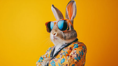 Colorful dressed rabbit wearing sunglasses posing against split pink and teal backdrop, tropical print jacket, fuzzy ears, slick styling, studio lighting,の写真素材