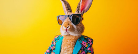 Colorful dressed rabbit wearing sunglasses posing against split pink and teal backdrop, tropical print jacket, fuzzy ears, slick styling, studio lighting,の写真素材