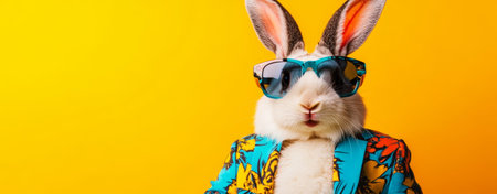 Colorful dressed rabbit wearing sunglasses posing against split pink and teal backdrop, tropical print jacket, fuzzy ears, slick styling, studio lighting,の写真素材