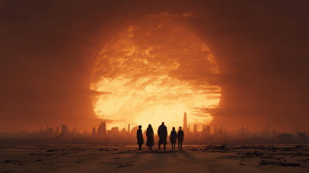 silhouetted survivors facing colossal molten sun over city skyline group of explorers crossing scorched wasteland toward glowing horizon, embers driftingの写真素材
