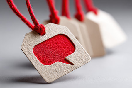 Closeup red speech bubble tags hanging, textured foam shapes suspended on twine, shallow depth of field with soft bokeh backdrop, minimalist visual metaphorの写真素材