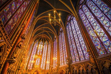Stained glass windows of Saint Chapelle, old medieval church of 13c., Paris France