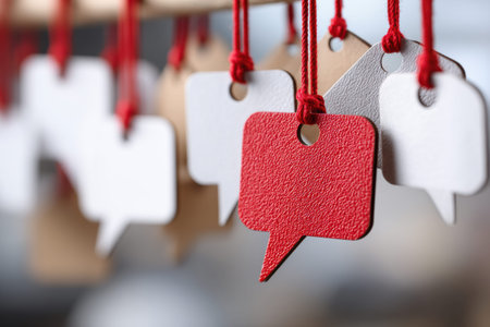 Closeup red speech bubble tags hanging, textured foam shapes suspended on twine, shallow depth of field with soft bokeh backdrop, minimalist visual metaphor