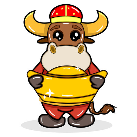 cute cow zodiac design style in Chinese New Year that holds goldのイラスト素材