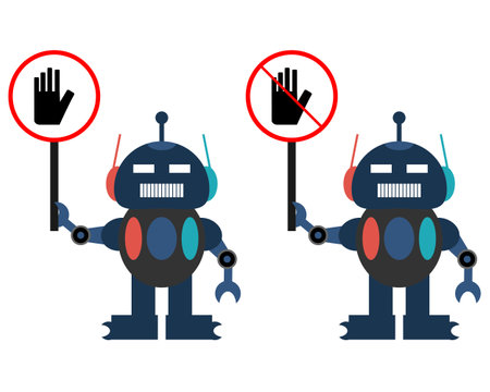 Vector illustration of traffic robot mascot character holding forbidden warning and allowed symbols in flat design styleのイラスト素材
